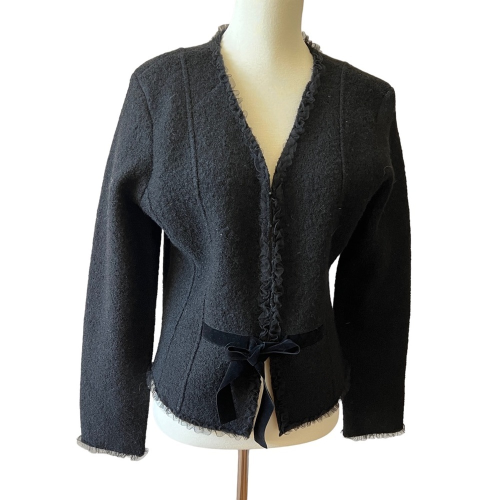KENJI ANTHROPOLOGIE FELTED BOILED WOOL BLAZER HOOK EYE FRONT CLASP VELVET BOW LG
